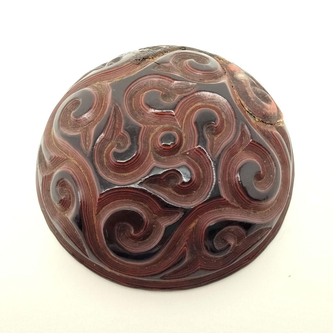 H389 中国 堆朱屈輪香合 茶道具 具利堆黒彫漆 　FF