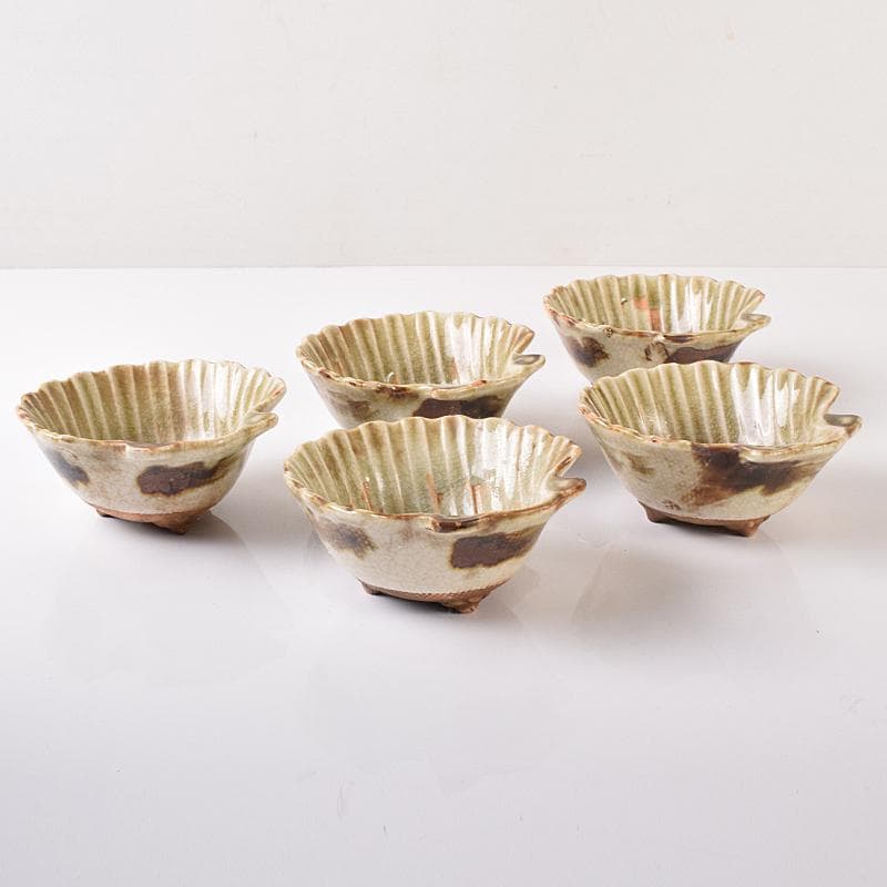 和食器　尾張　御深井焼焼　貝形向付　五客　時代箱付　M　R8097