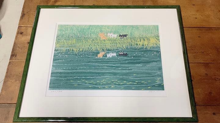 渡辺あきお　版画　3人の思い　3匹の猫　限定500部