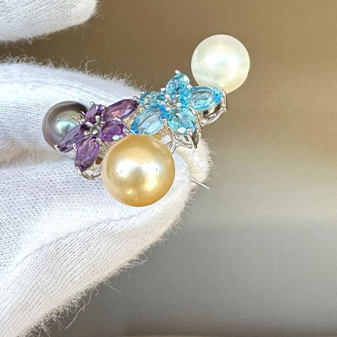 アメジスト　ブルートパーズ　パール3pcs　ブローチ　SVシルバー 10.22g