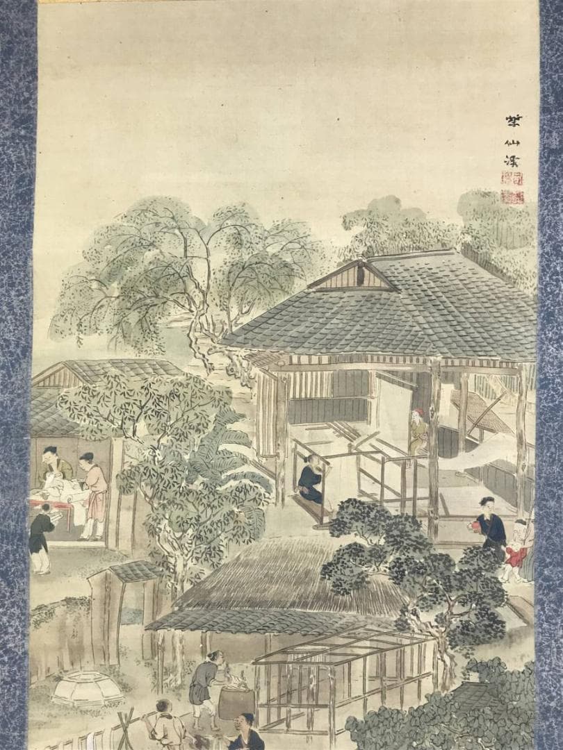 【真作】柴仙渓/機織図/ハタオリ図/掛軸/名家伝来/AD-736