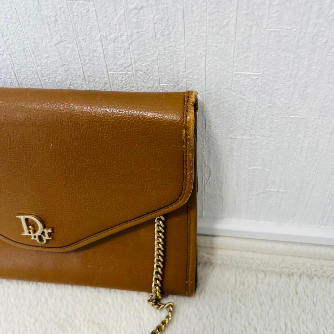クリスチャンディオール ロゴチェーンショルダーバッグ シボ革 ブラウン 2way