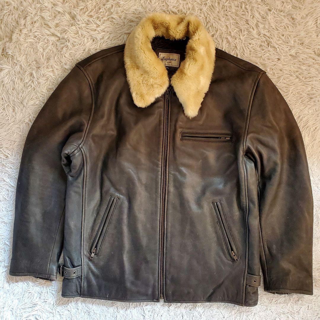 ファー付 レザージャケット 本革ライダース 裏地キルティング XL