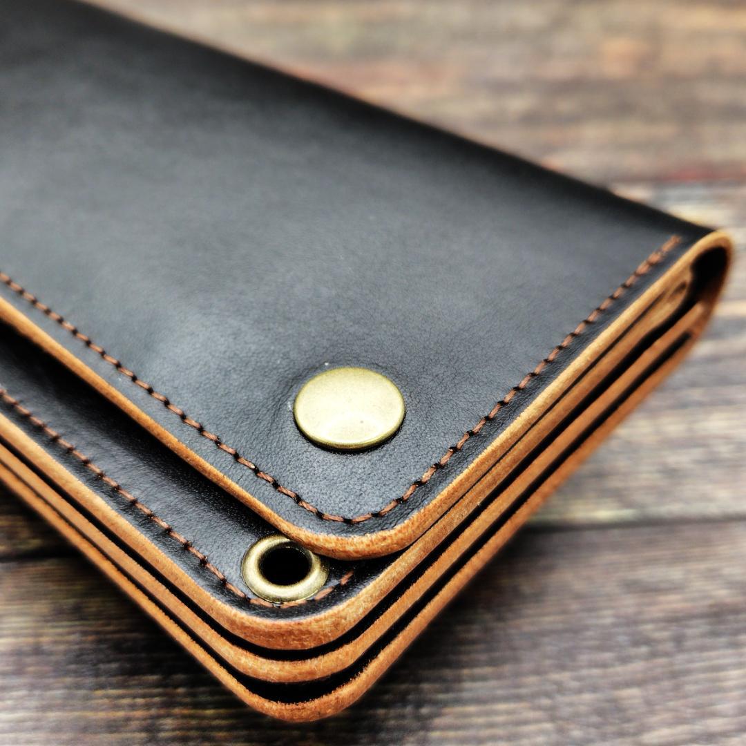 ロングトラッカーウォレット 栃木レザー ハンドメイド 本革 茶芯ブラック