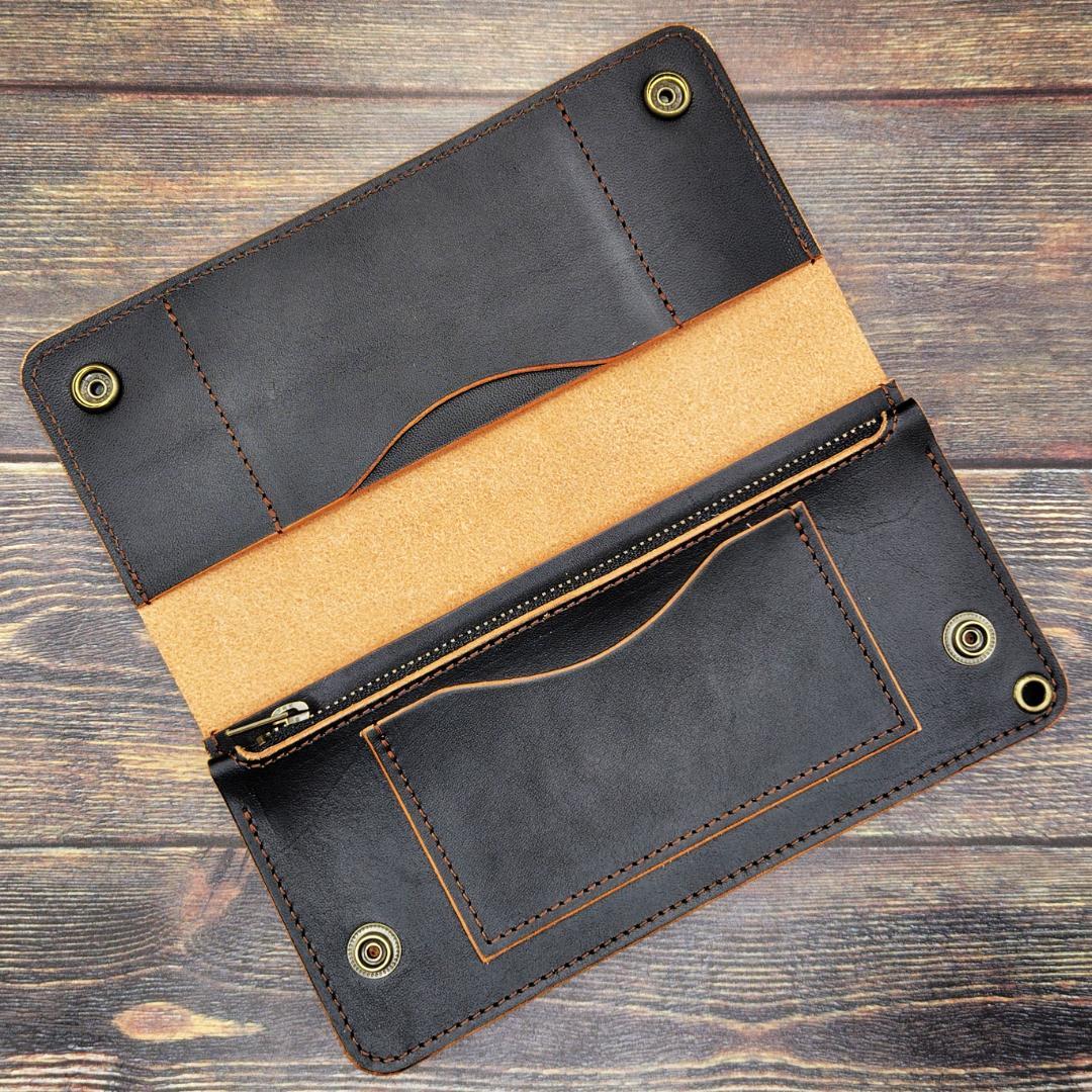 ロングトラッカーウォレット 栃木レザー ハンドメイド 本革 茶芯ブラック