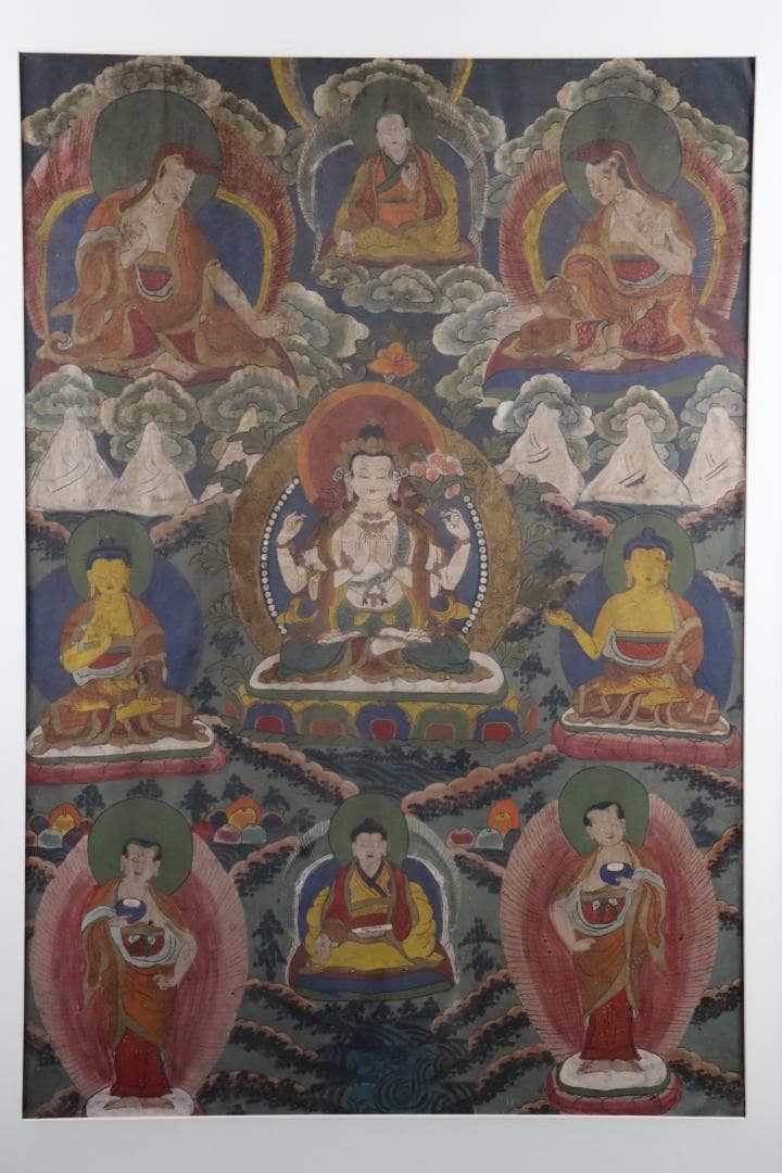 仏教美術 チベットタンカ 四臂観音像 絹本彩色 肉筆 仏画 タンカ 額装