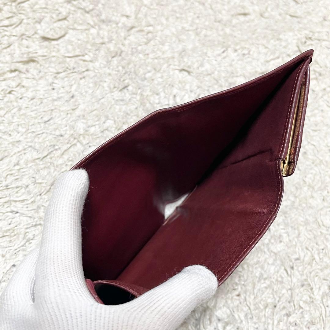【良品】カルティエ　三つ折り財布　がま口　レザー　ボルドー　ゴールド金具