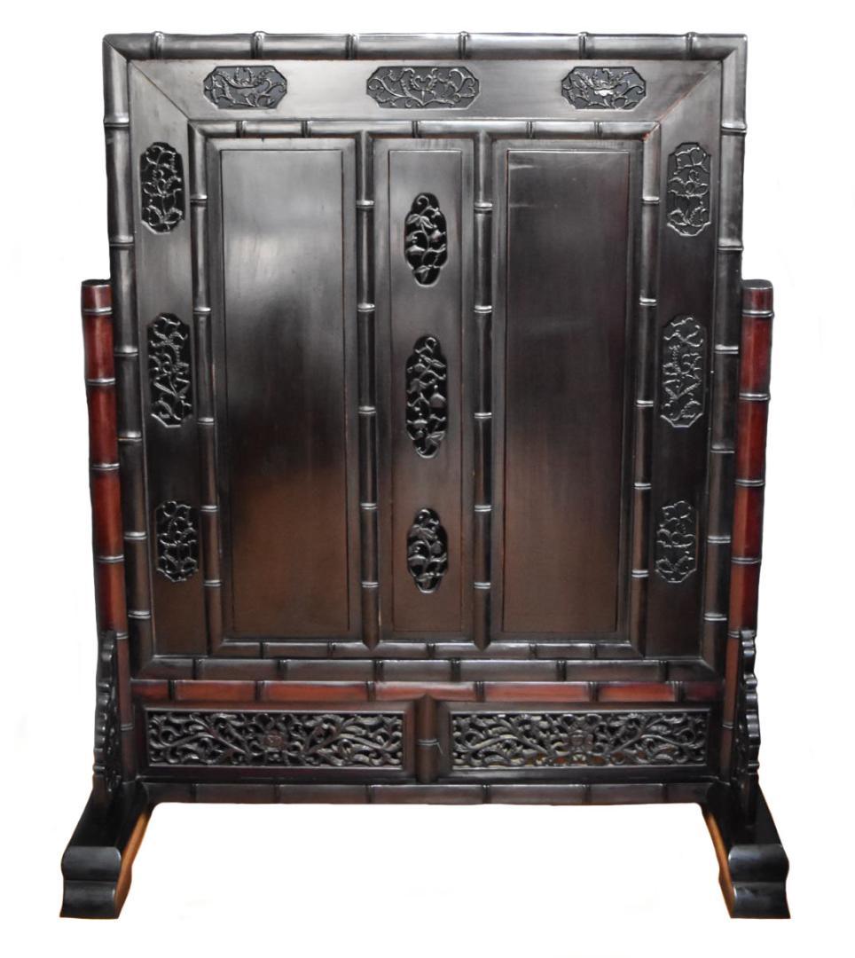 中国民国時代 微細花鳥透かし彫紫檀屏風 古唐木 竹節 一点もの WWWT042