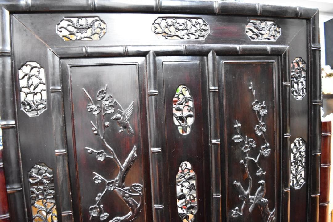 中国民国時代 微細花鳥透かし彫紫檀屏風 古唐木 竹節 一点もの WWWT042