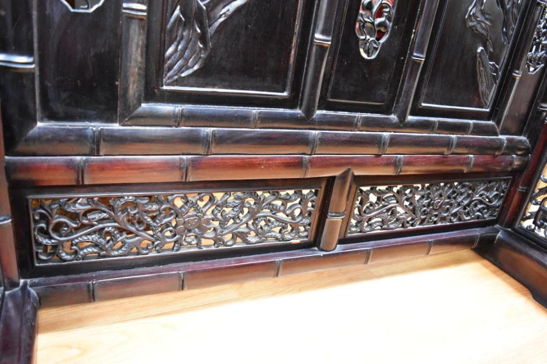 中国民国時代 微細花鳥透かし彫紫檀屏風 古唐木 竹節 一点もの WWWT042