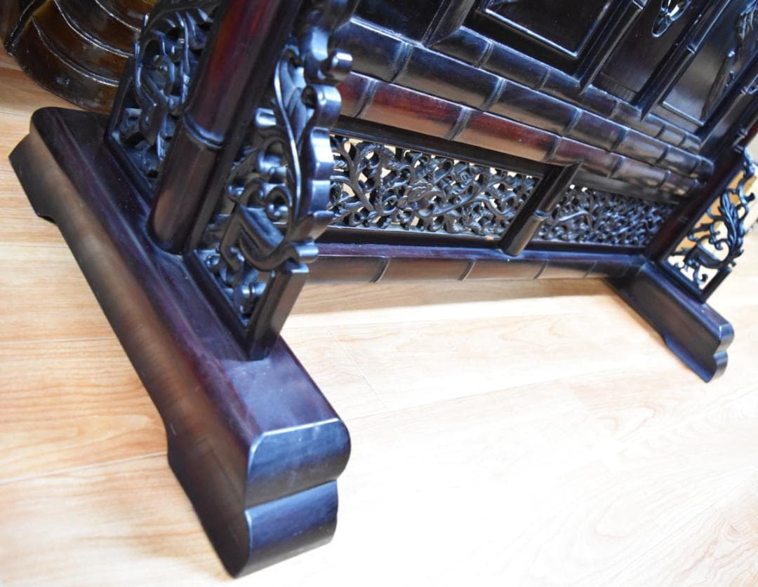 中国民国時代 微細花鳥透かし彫紫檀屏風 古唐木 竹節 一点もの WWWT042