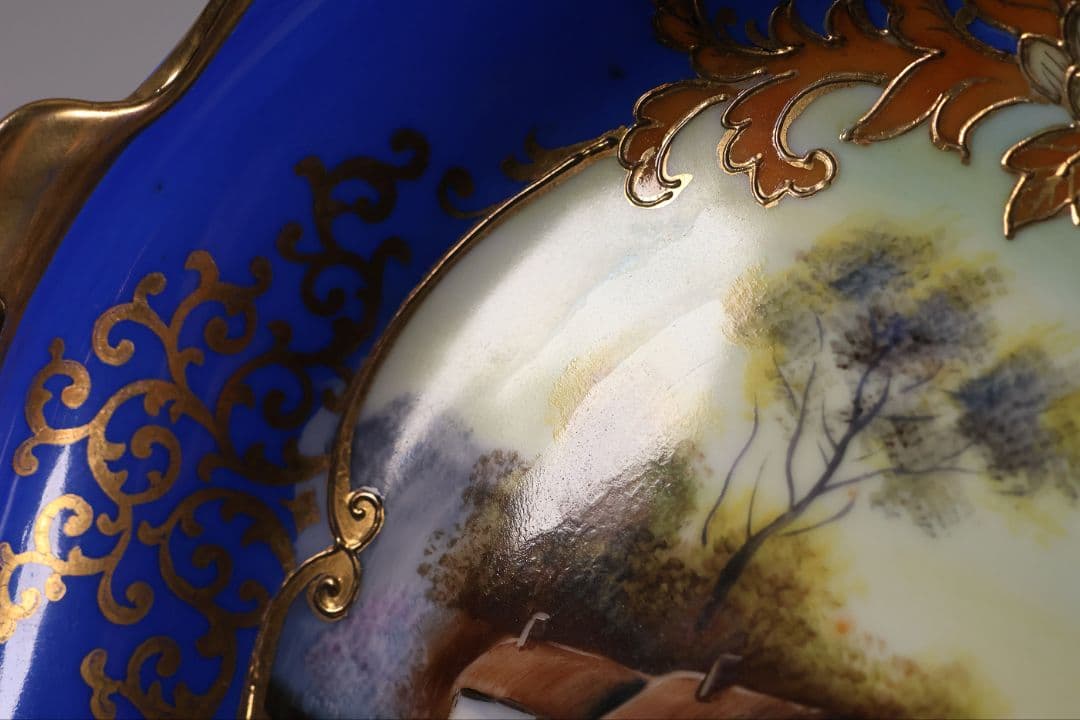 【CM310】オールドノリタケ 風景 白鳥 三足鉢 皿 湖畔 金盛 青 明治