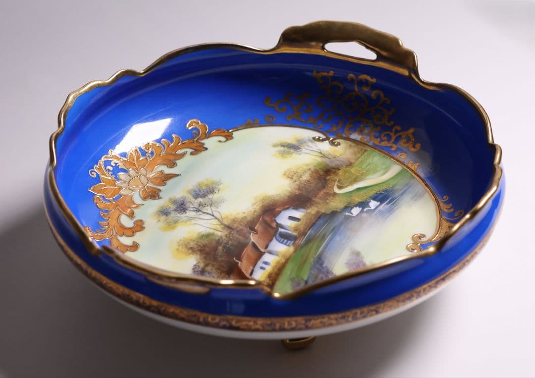 【CM310】オールドノリタケ 風景 白鳥 三足鉢 皿 湖畔 金盛 青 明治