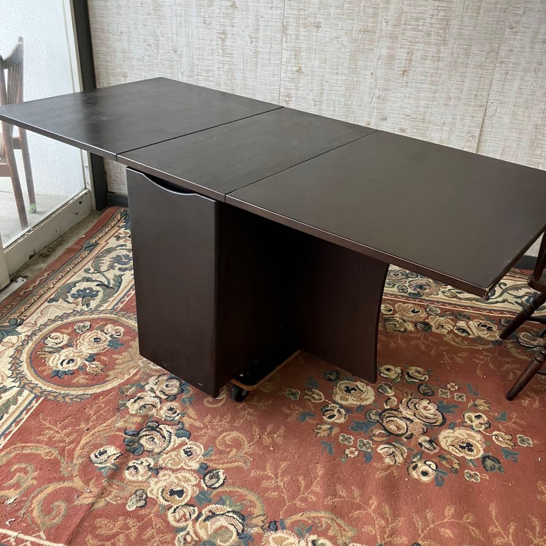 北欧レトロ 木製 大型バタフライテーブル ダイニングテーブル 引き出し収納付