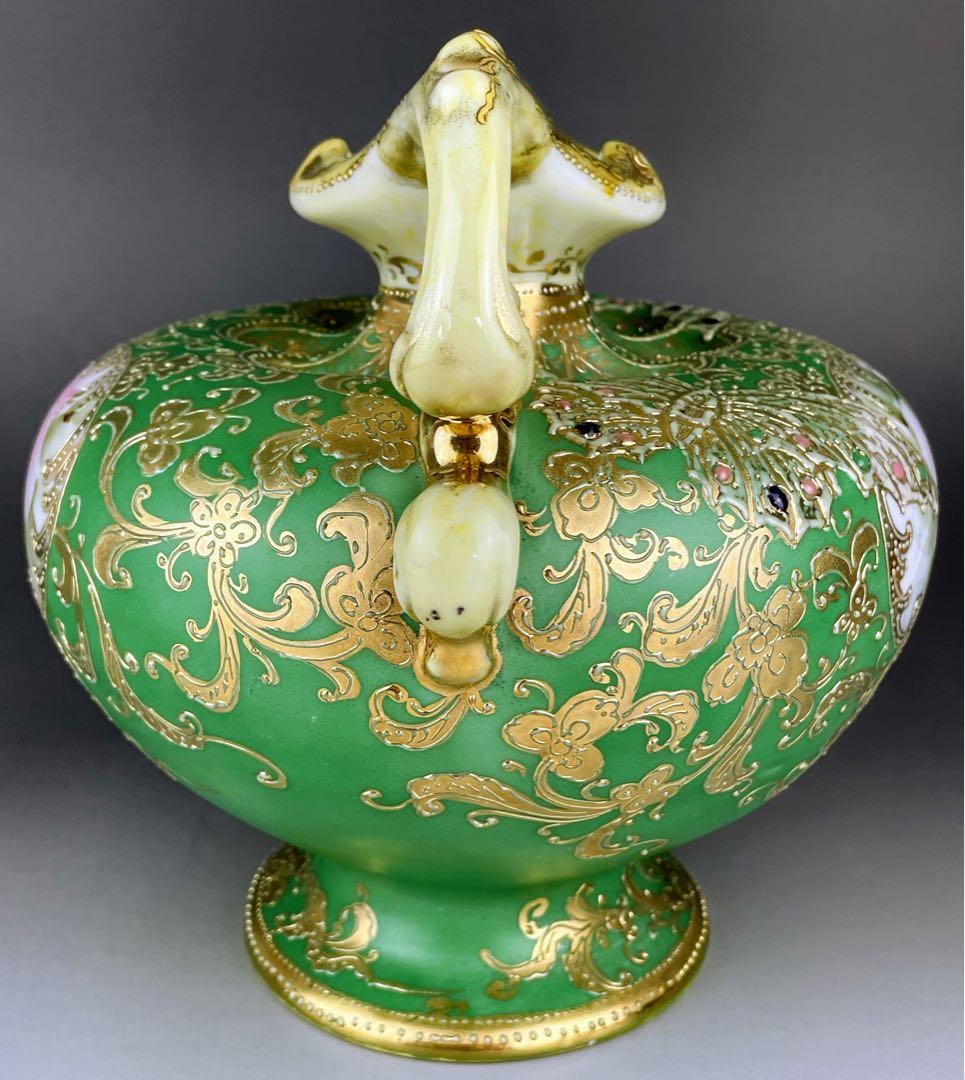 【美品】オールドノリタケ ジュエル 翠地金盛り蝶 薔薇紋花瓶 ジュール エナメル