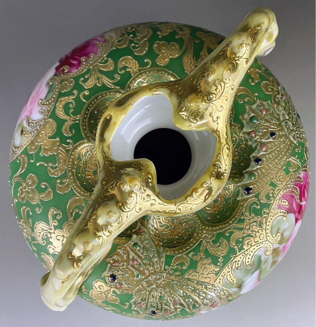 【美品】オールドノリタケ ジュエル 翠地金盛り蝶 薔薇紋花瓶 ジュール エナメル