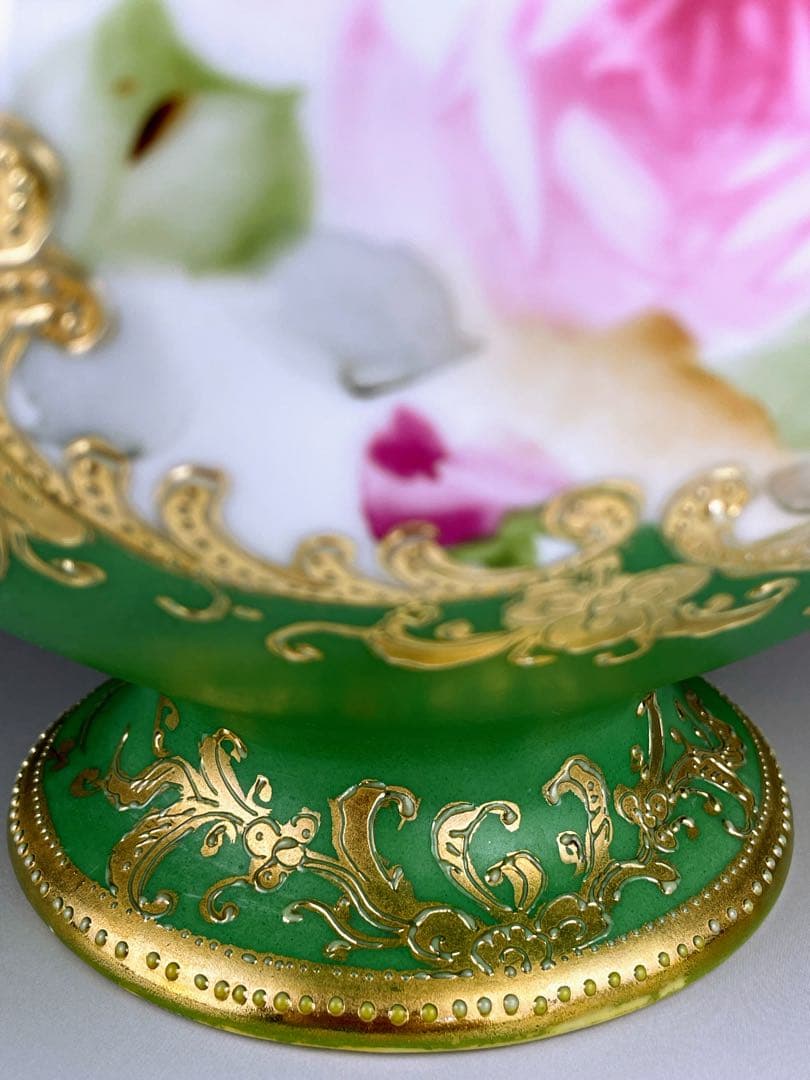 【美品】オールドノリタケ ジュエル 翠地金盛り蝶 薔薇紋花瓶 ジュール エナメル