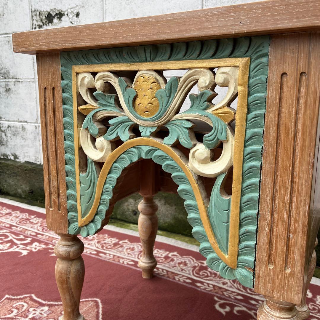 木製無垢材 チーク材◾️彫刻デザイン サイドテーブル 飾り台 花台 ディスプレイ台