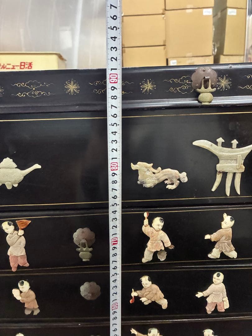 中国箪笥 黒漆 玉石細工 唐子 女官 花鳥図 中国美術 中国古玩 アンティーク