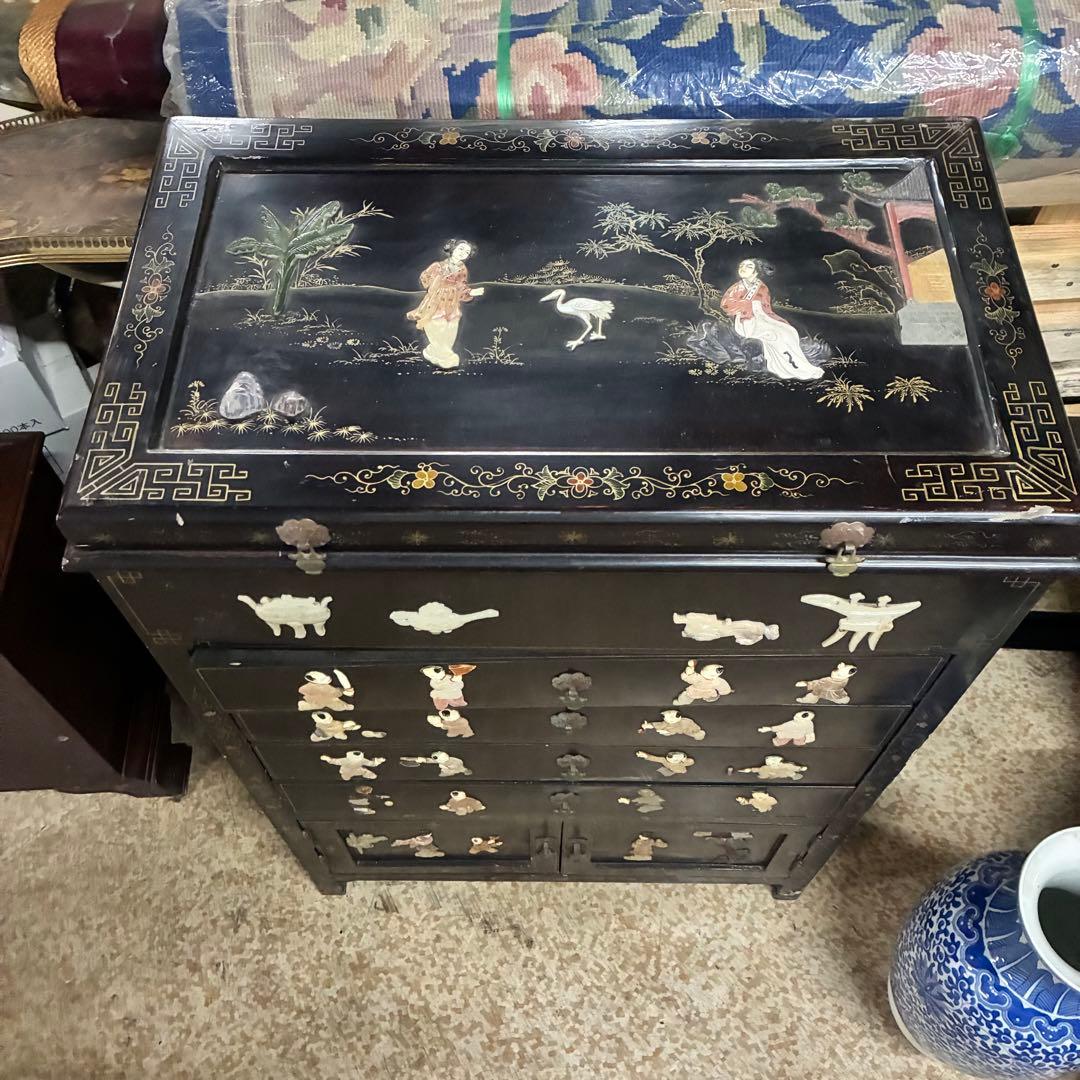 中国箪笥 黒漆 玉石細工 唐子 女官 花鳥図 中国美術 中国古玩 アンティーク