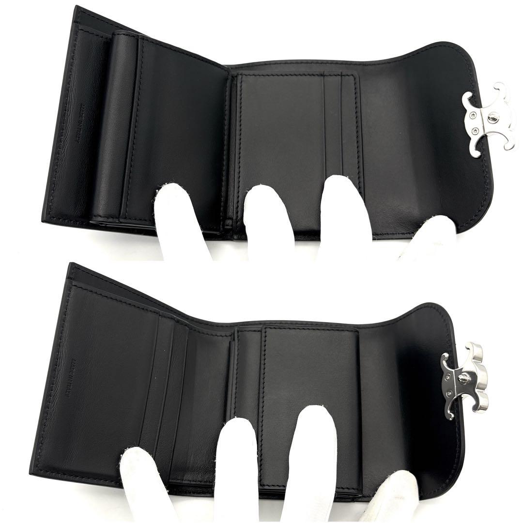 未使用級◆CELINE 三つ折り財布 トリオンフ シルバーロゴ ブラック