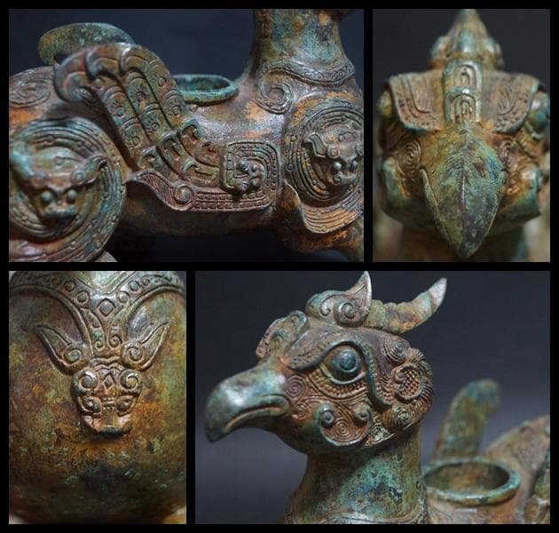 大型青銅製金工細工 戦国『鳳凰双翼獣 燭台像』迫力あるオブジェ瑞獣灯台高39ｃｍ