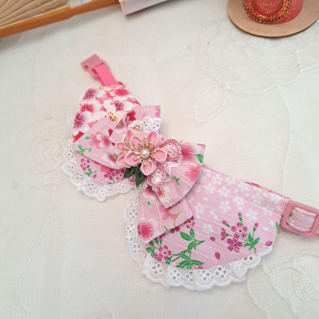 お正月仕様和風つまみ細工(ピンク③)わんちゃん猫ちゃん用襟つき首輪