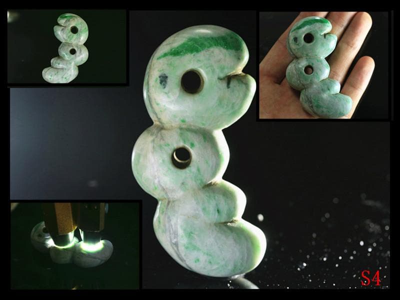 縄文期　極希少　糸魚川ろうかん硬玉本翡翠製　翠緑白色穿孔異状蚕獣形勾玉　出土石器