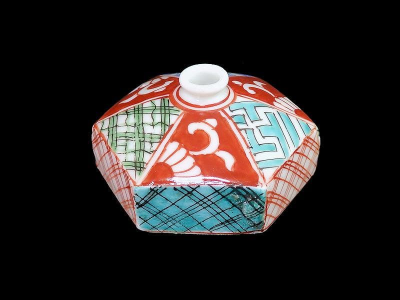 伊万里　瀬戸　色絵　幾何学紋の図　油壷　E421A-fbkn