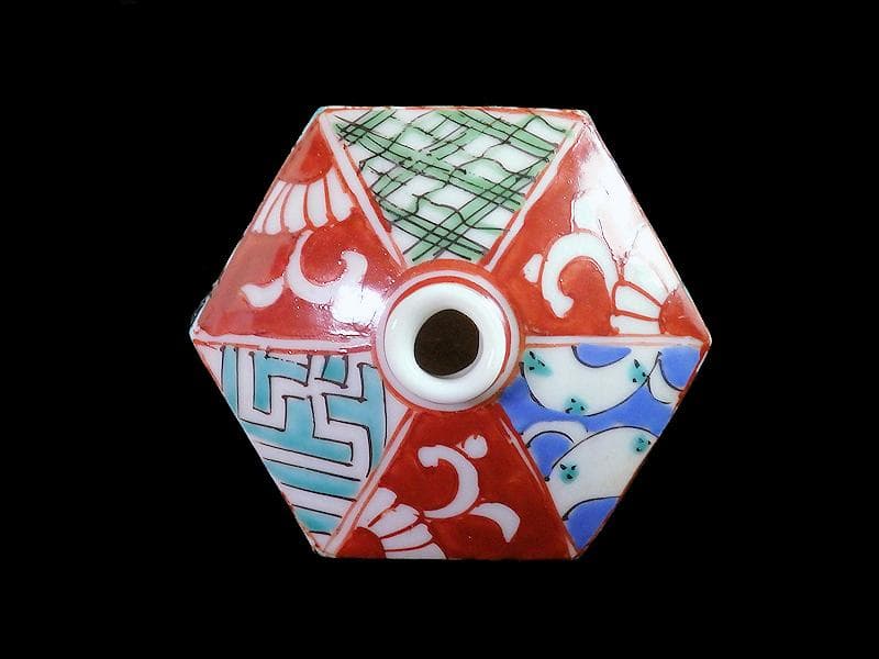 伊万里　瀬戸　色絵　幾何学紋の図　油壷　E421A-fbkn