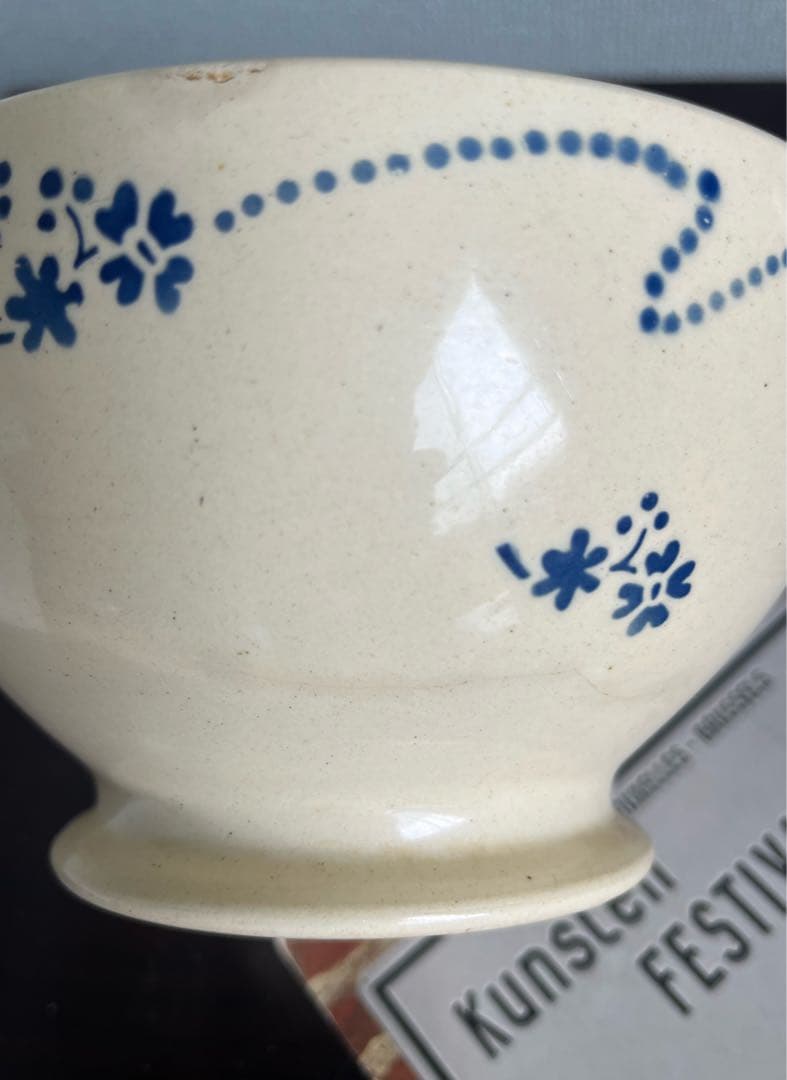 フランスアンティーク　カフェオレボウル レア　特大　青い花　ステンシル