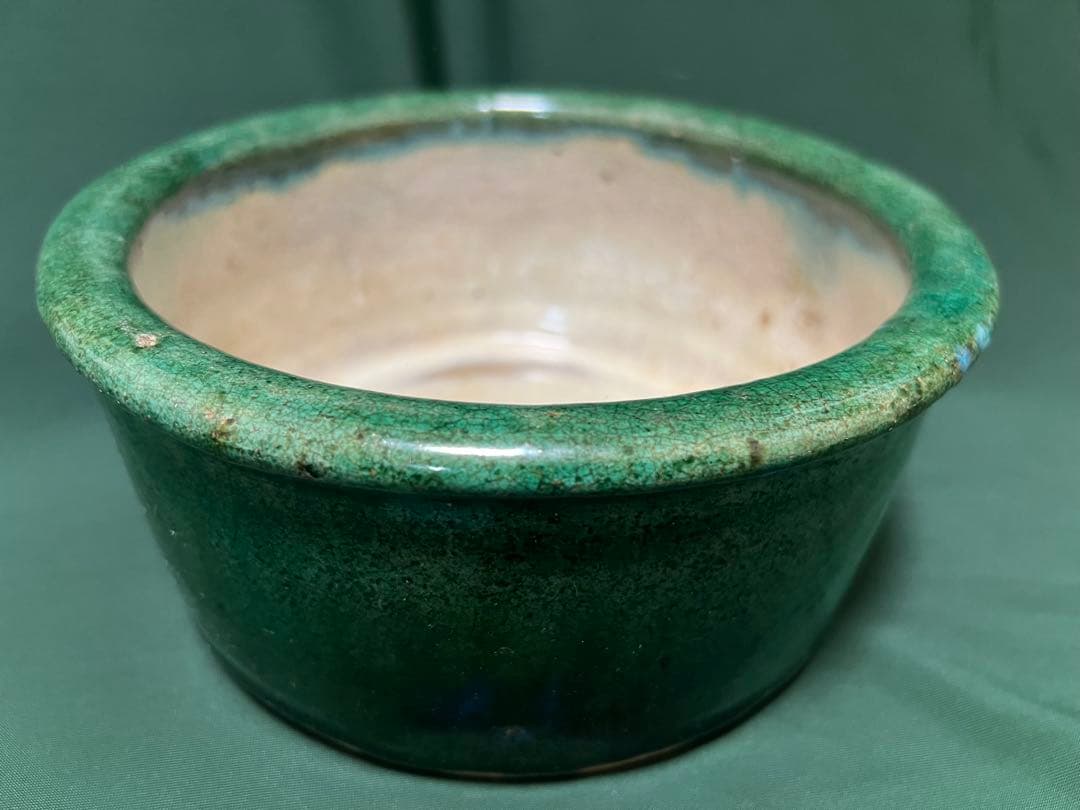 中国清朝緑釉 陶器古美術骨董品 時代物 高さ9cmx口径19.5cm整理品現状品