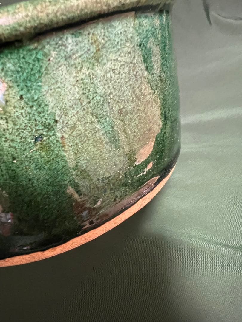 中国清朝緑釉 陶器古美術骨董品 時代物 高さ9cmx口径19.5cm整理品現状品