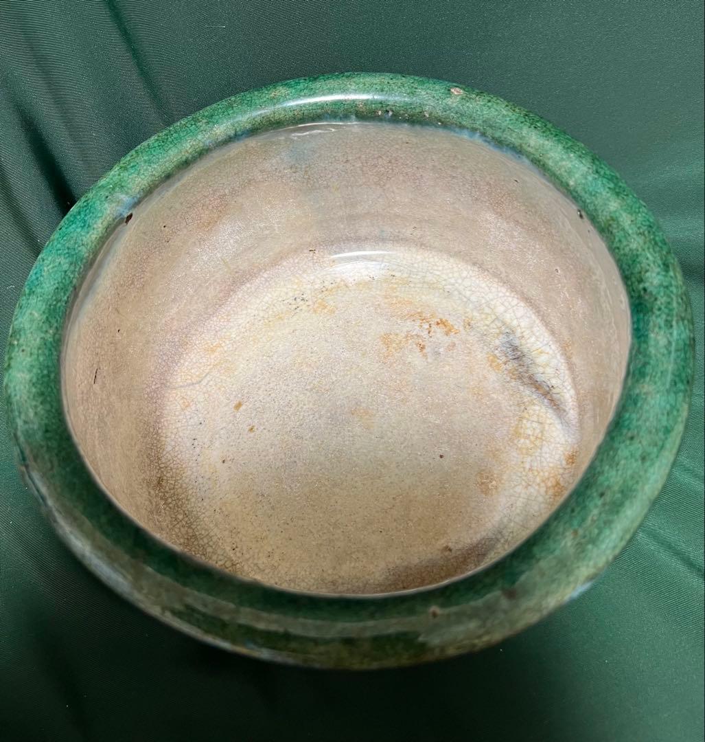 中国清朝緑釉 陶器古美術骨董品 時代物 高さ9cmx口径19.5cm整理品現状品
