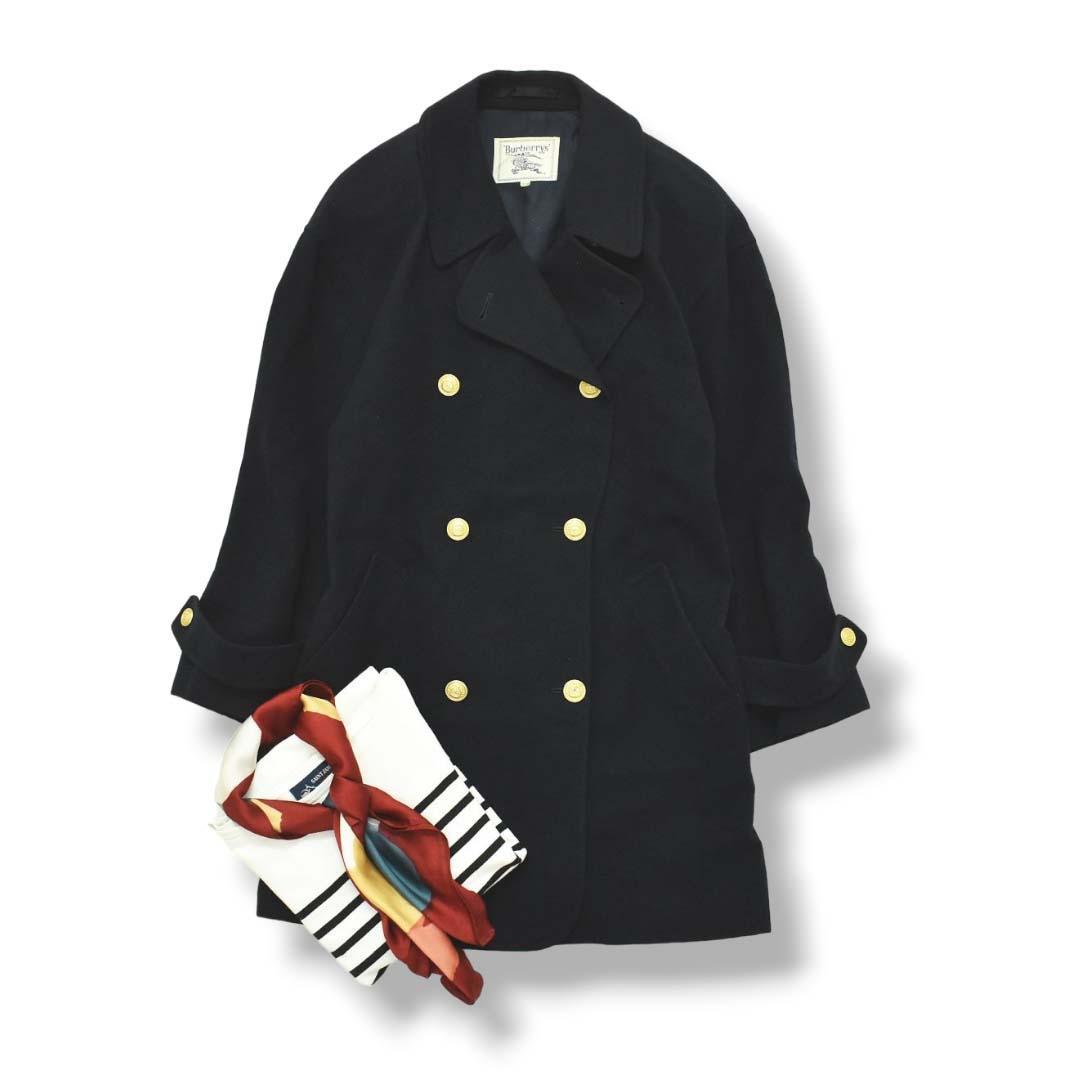 【エンブレム 金ボタン 】 90s バーバリー ウール チェスターコート 紺♪