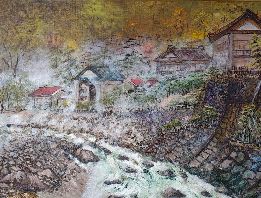 ​大型 F30号 木製額縁 油彩 風景画 温泉街 湯治場 レトロ アンティーク