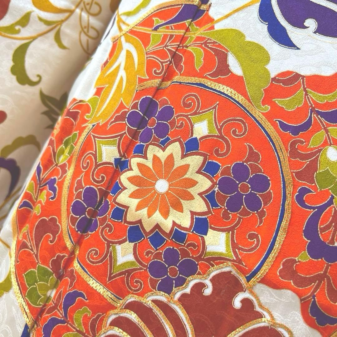 363 振袖フルセット 正絹 ベージュ オレンジ 金彩 駒刺繍 レトロ 花唐草