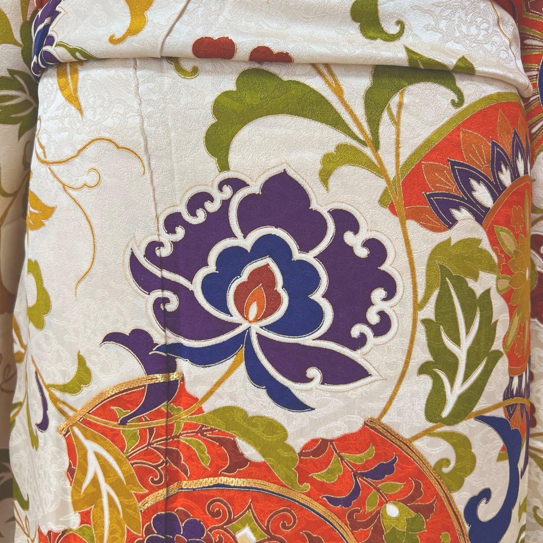 363 振袖フルセット 正絹 ベージュ オレンジ 金彩 駒刺繍 レトロ 花唐草