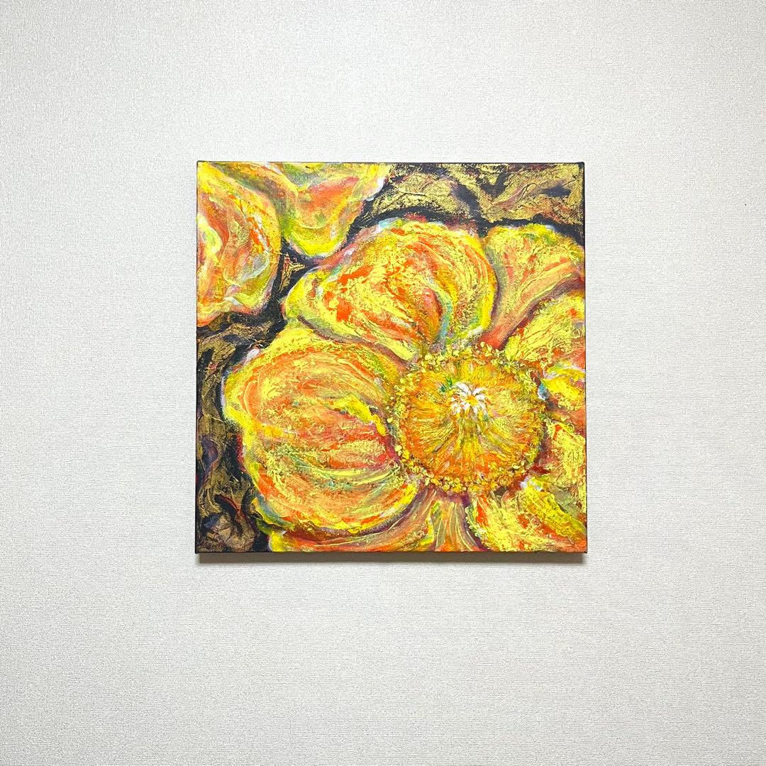 黄色い花　アクリル画　原画　ゴールドも(^^) 花の絵