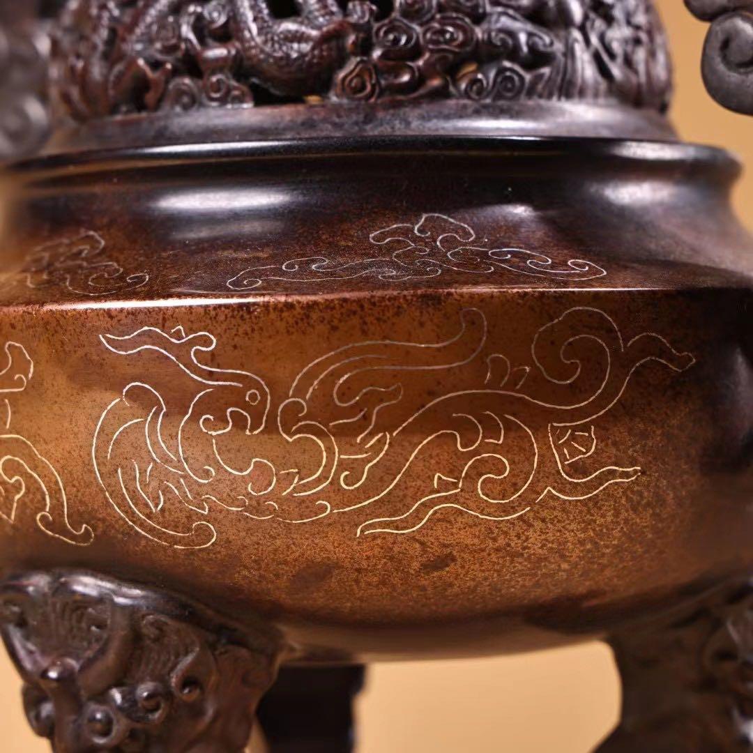 珍品  旧蔵収  精銅  全銅  紫銅  象嵌銀糸 薫香炉