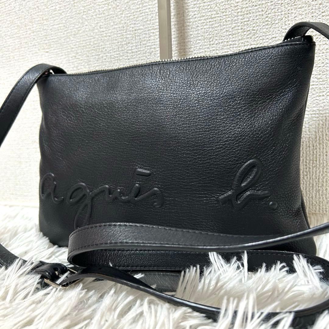 【美品✨エンボスロゴ/オールレザー】アニエスベー　ショルダーバッグ　ブラック　稀