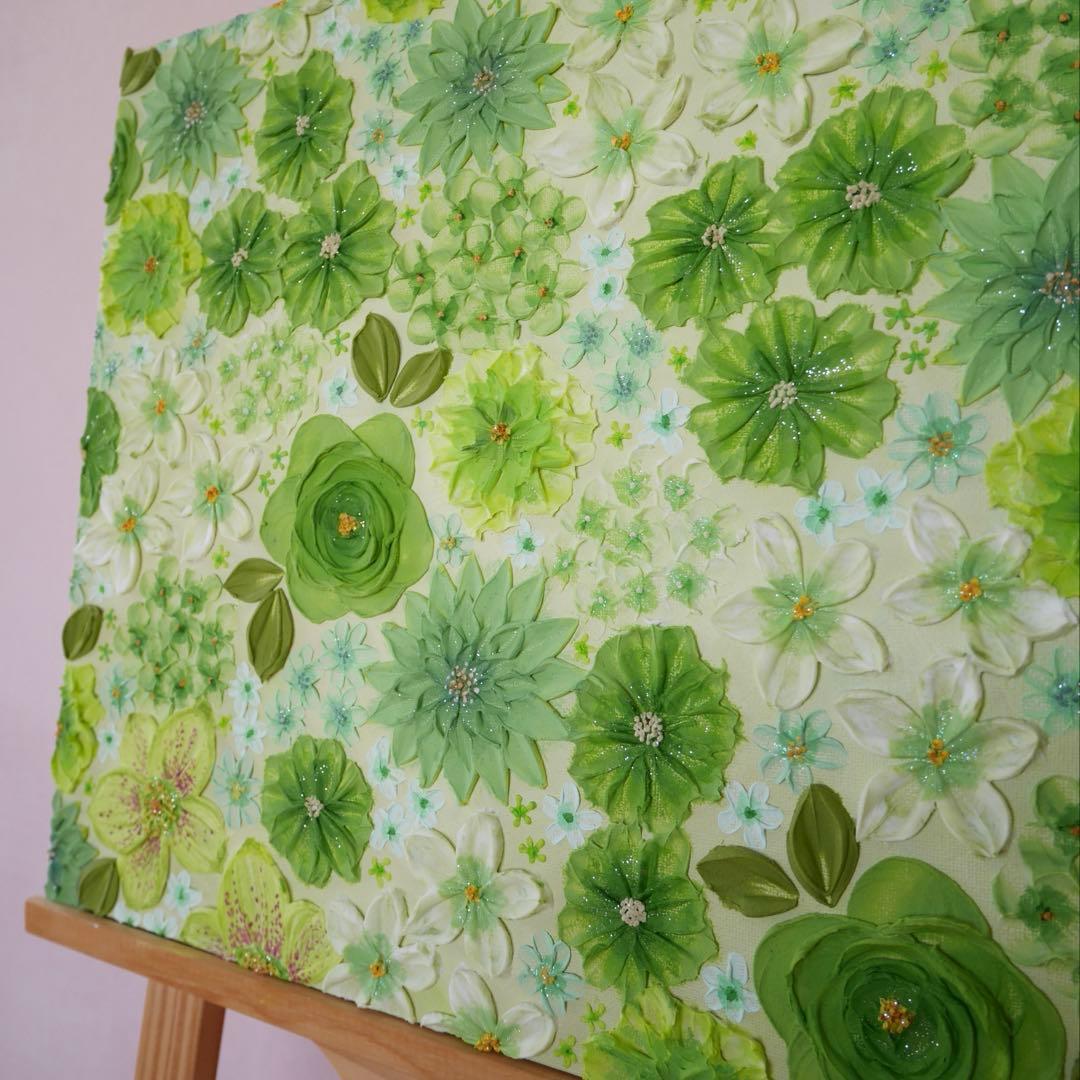 緑系 立体 花柄　アクリルアート テクスチャーアート ボタニカル 緑の花柄