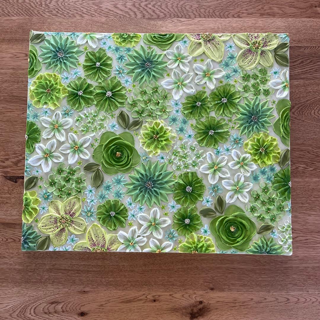 緑系 立体 花柄　アクリルアート テクスチャーアート ボタニカル 緑の花柄