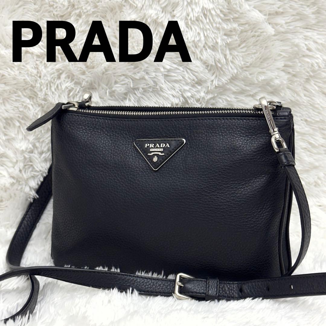 PRADA プラダ ショルダーバッグ レザー ブラック シボ革 シルバー金具
