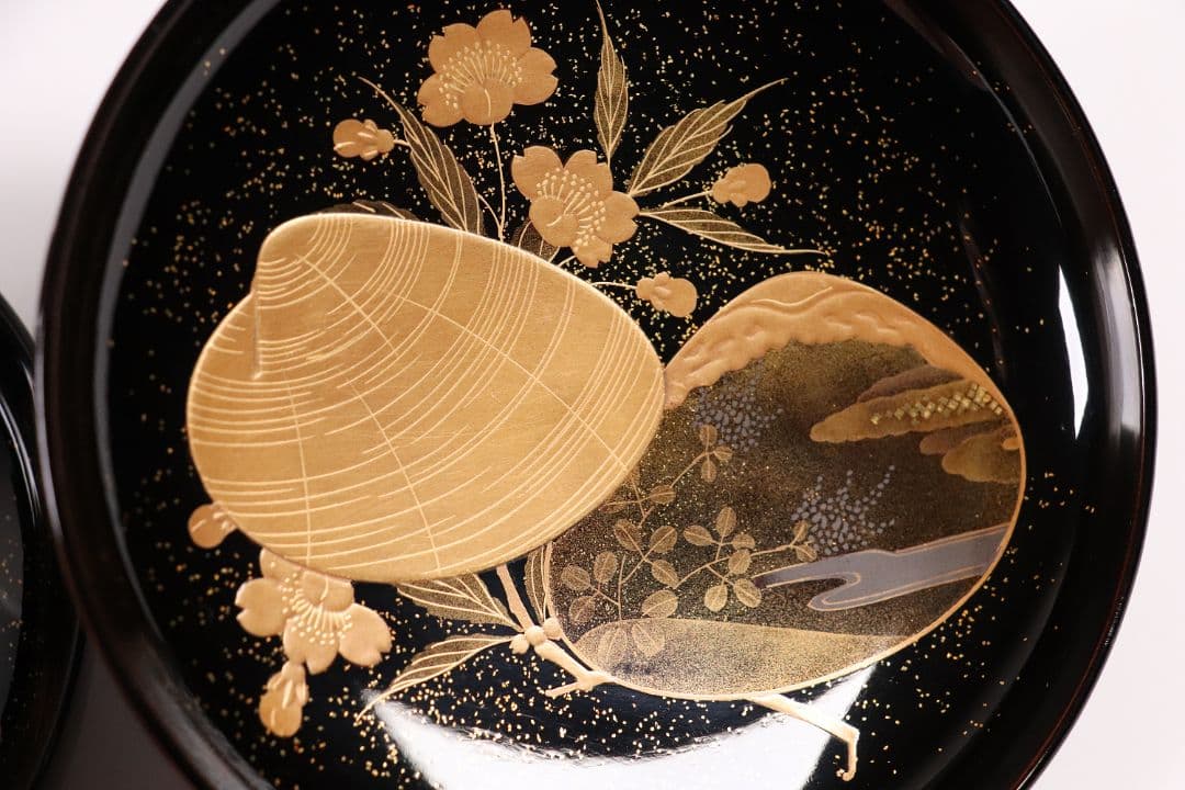 CL72 加賀蒔絵 貝合わせ蒔絵 黒塗椀 二客 蛤 桜 本金 梨地 木製漆器
