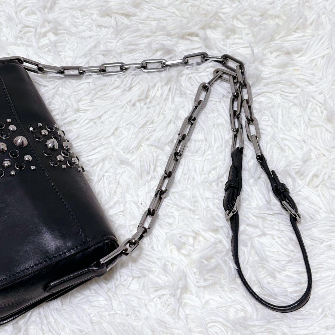 ミュウミュウ ショルダーバッグ チェーン スタッズ シルバー金具 レザー 黒