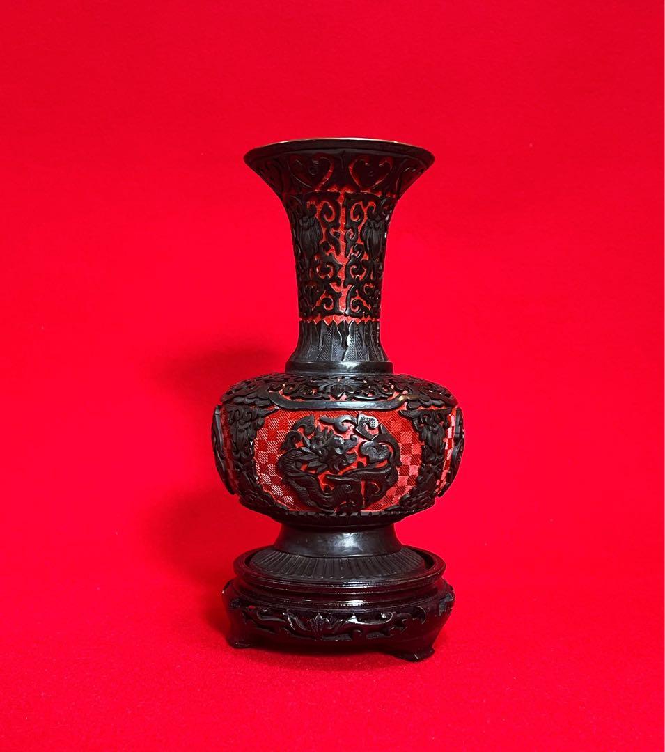 中国美術 古玩 堆朱 堆黒 漆彫花瓶 團龍紋樣花瓶 台座付き