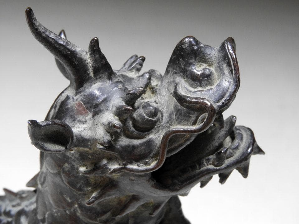 ●貴重 時代物 麒麟銅香炉 神獣 瑞獣 古銅 斑紫銅色 唐金 高さ16.5cm