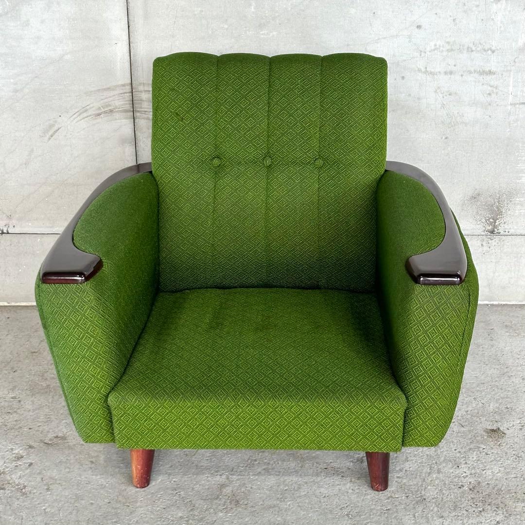 ✦70S✦ 昭和モダン 深緑ファブリック 木肘一人掛けチェア レトロ インテリア