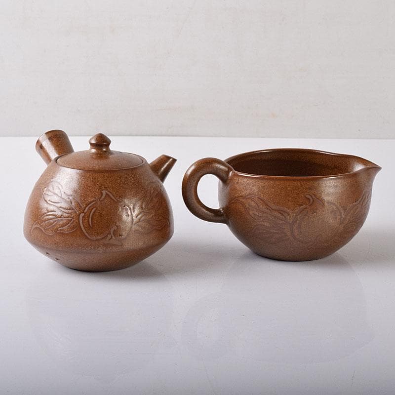 佐渡無名異焼　藤井波山造　朱泥　茶碗五客　急須　湯冷　茶器揃　共箱　VR8436